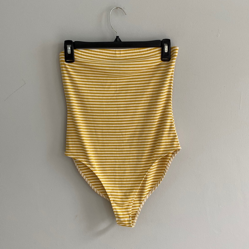 Mustard Yellow & White Striped Tube Top Bodysuit